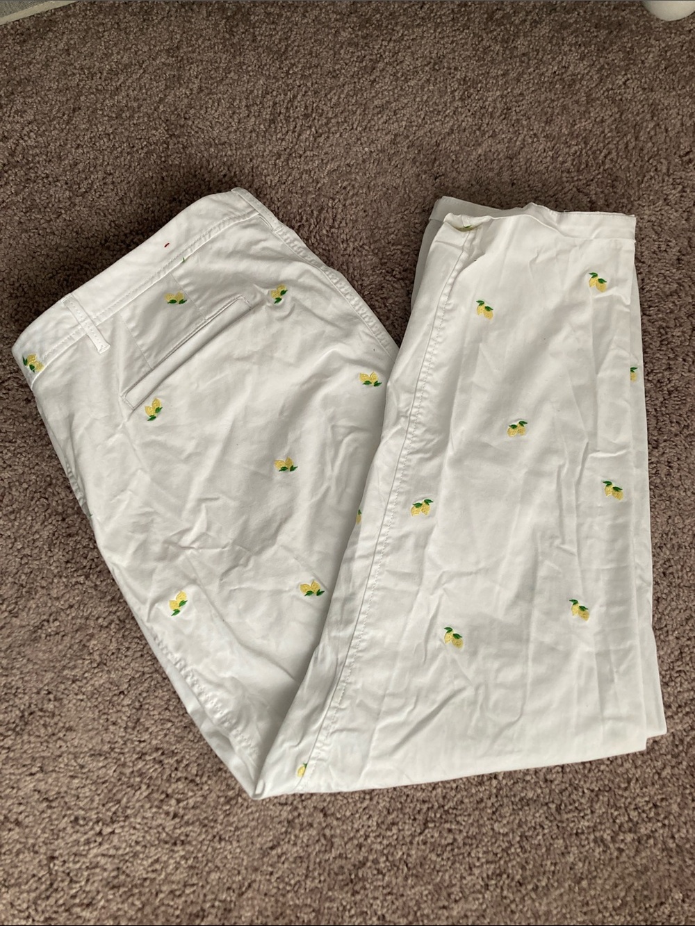 Talbots White Chino Pants with Yellow & Green Lemon Embroidery